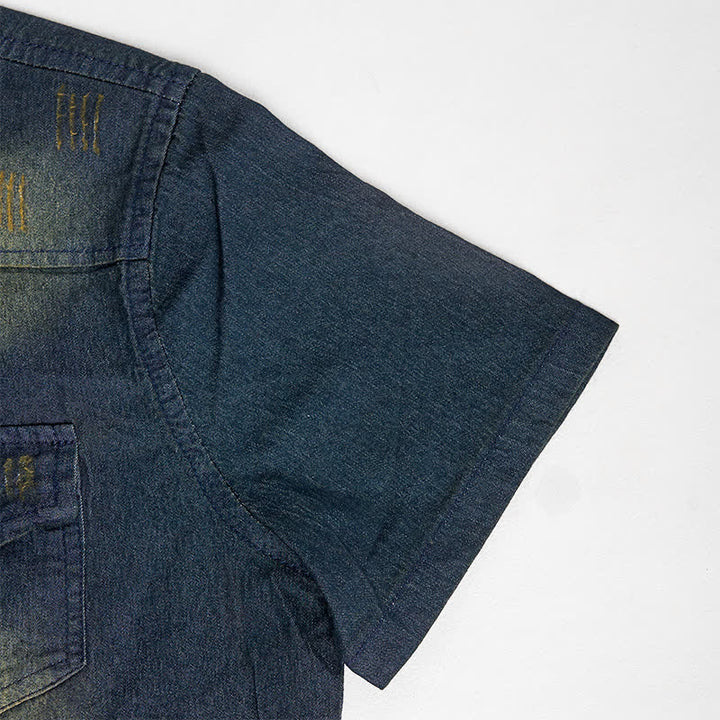 Men's Vintage Washed Short Sleeves Western Denim Shirt - image 9
