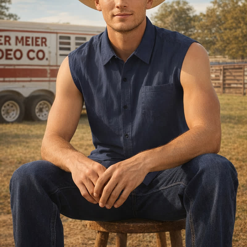 Men's Casual Beach & Ranch Linen Thin Sleeveless Shirt Vest - Navy - 3XL - image 0