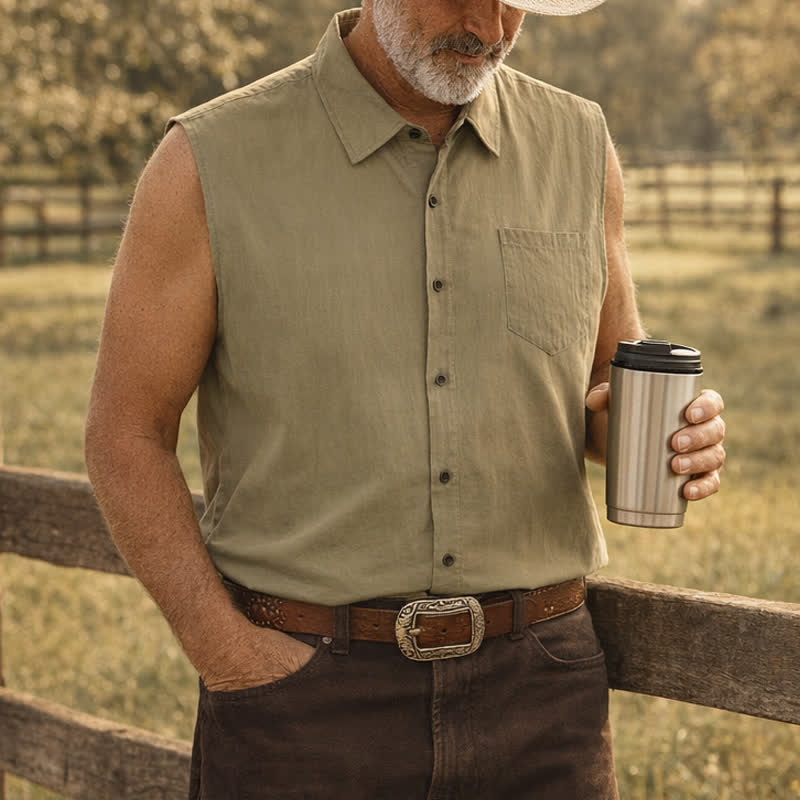 Men's Casual Beach & Ranch Linen Thin Sleeveless Shirt Vest - Army Green - 3XL - image 4