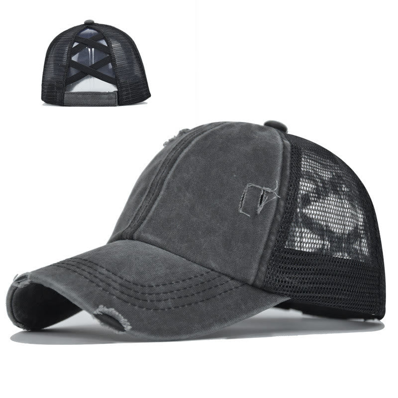 Criss Cross Distressed Mesh Washed Cotton Baseball Cap - Black - Adjustable (About 21 5/8"-22 7/8") - image 1