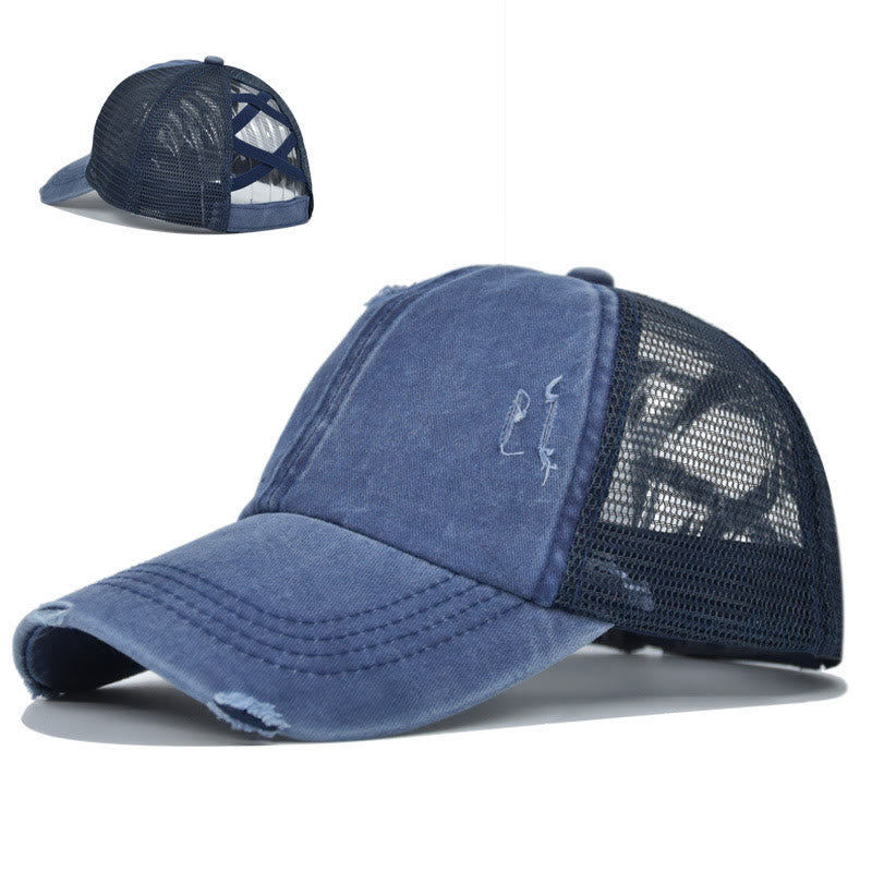 Criss Cross Distressed Mesh Washed Cotton Baseball Cap - Navy Blue & Black - Adjustable (About 21 5/8"-22 7/8") - image 0