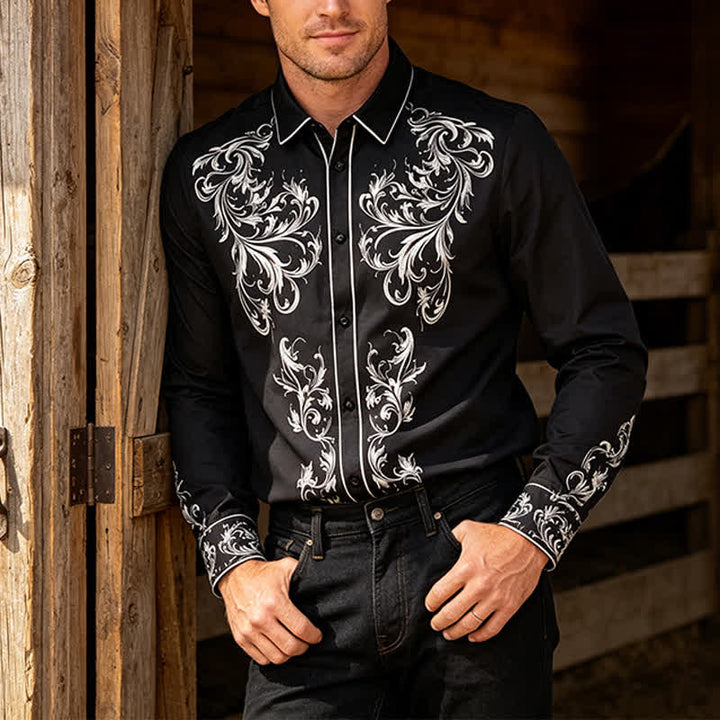 Men's Black & White Flower Scrollwork Print Western Shirt - Black - 6XL - image 0