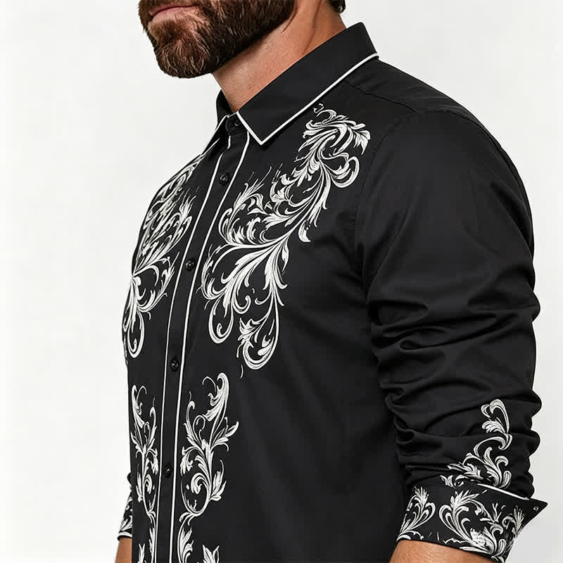 Men's Black & White Flower Scrollwork Print Western Shirt - image 3