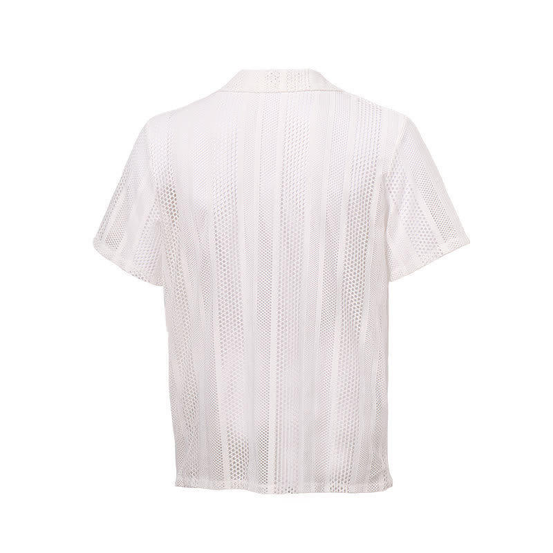 Men's Breathable Openwork Striped Cuban Collar Knitted Shirt - image 9