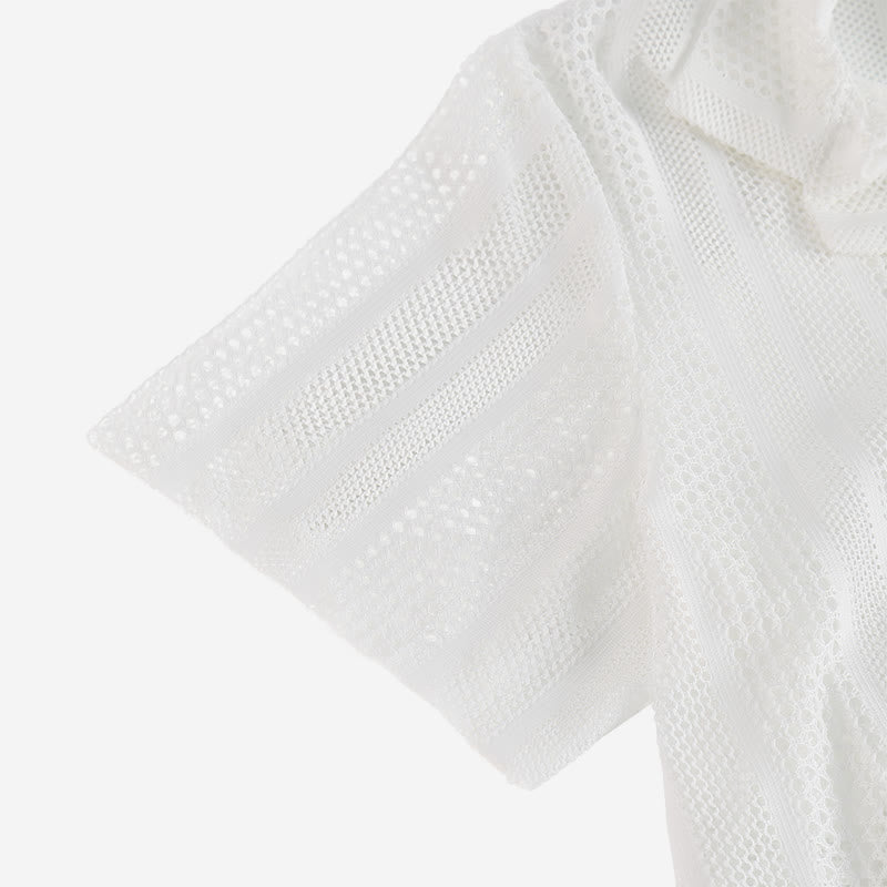 Men's Breathable Openwork Striped Cuban Collar Knitted Shirt - image 7