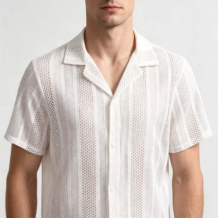 Men's Breathable Openwork Striped Cuban Collar Knitted Shirt - image 3