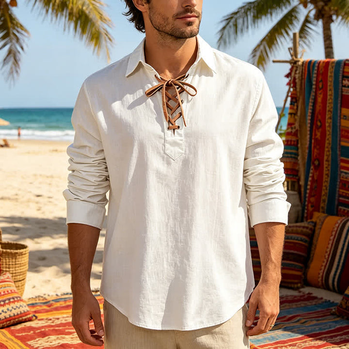 Men's Vintage Lace-Up Linen Shirt - White - 3XL - image 5