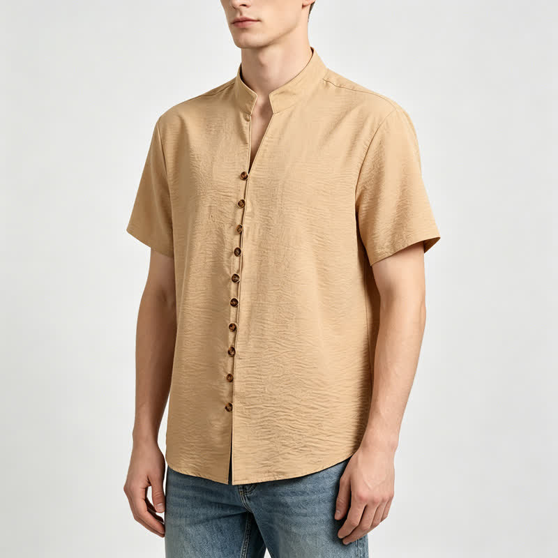 Men's Stand Collar Crinkled Design Linen-Blend Shirt - image 1