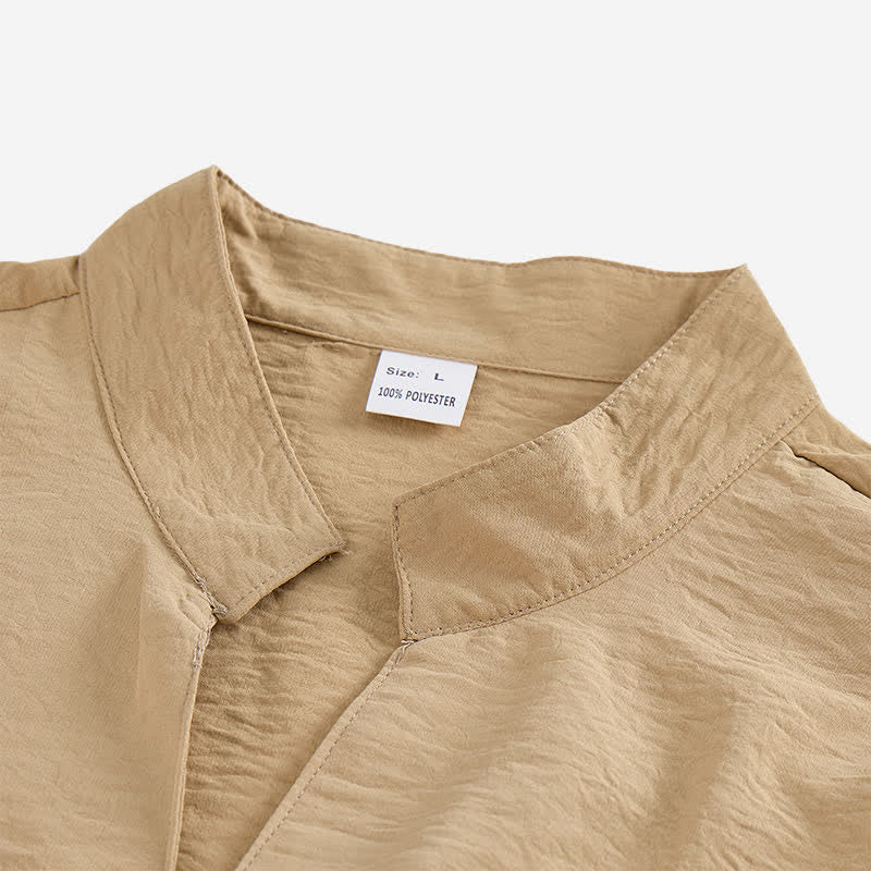 Men's Stand Collar Crinkled Design Linen-Blend Shirt - image 6