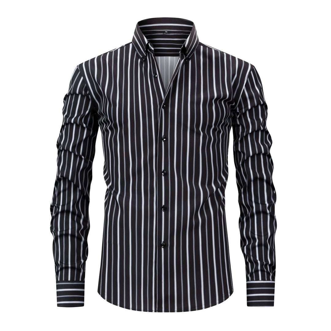 Men's Vertical Striped Turn-Down Collar Button Up Dress Shirt - Black - 3XL - image 12
