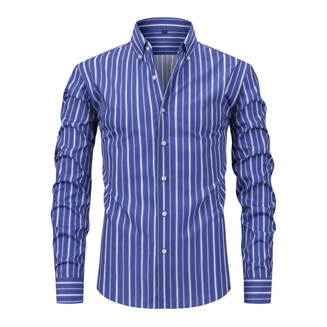 Men's Vertical Striped Turn-Down Collar Button Up Dress Shirt - Royal Blue - 3XL - image 10