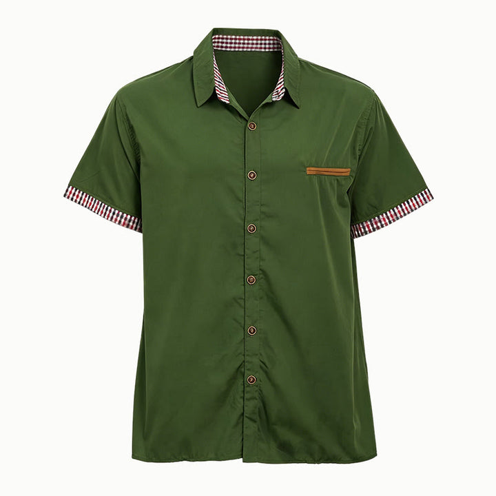 Men's Casual Plaid Trim Chest Pocket Short Sleeve Shirt - Army Green - 3XL - image 10