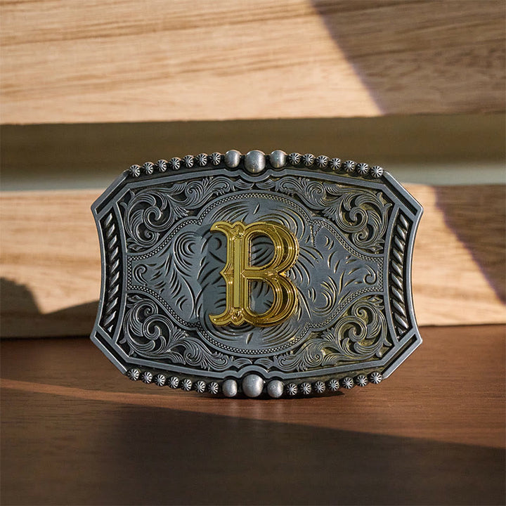 Vintage Initial Letter Square DIY Buckle Leather Belt - B - Without Belt - image 0