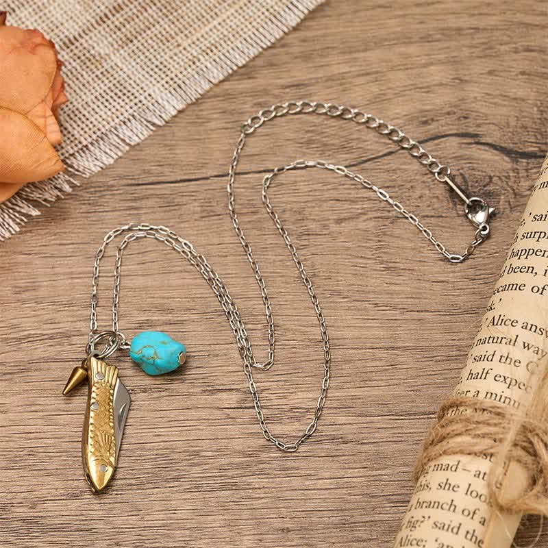 Brass & Turquoise Fish-Shaped Unique Pocket Knife Necklace - image 3