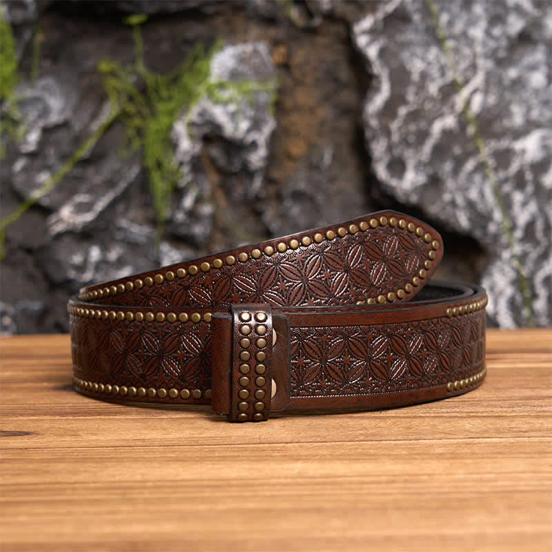 Men's Texas Longhorn Star Hollow Out DIY Buckle Leather Belt - Silver - Brown Rivet Belt - 42 - image 11