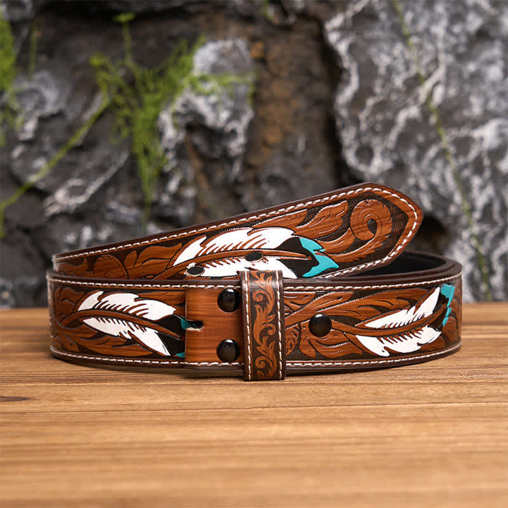Men's Texas Longhorn Star Hollow Out DIY Buckle Leather Belt - Silver - Brown Feather Belt - 40 - image 13