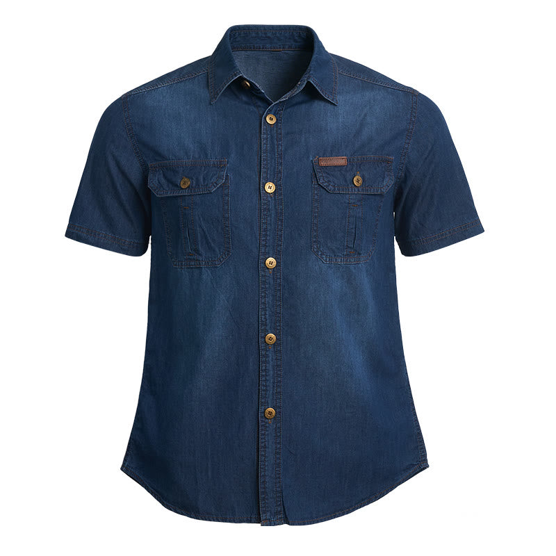 Men's Casual Vintage Washed Short Sleeve Denim Shirt - Dark Blue - 5XL - image 0