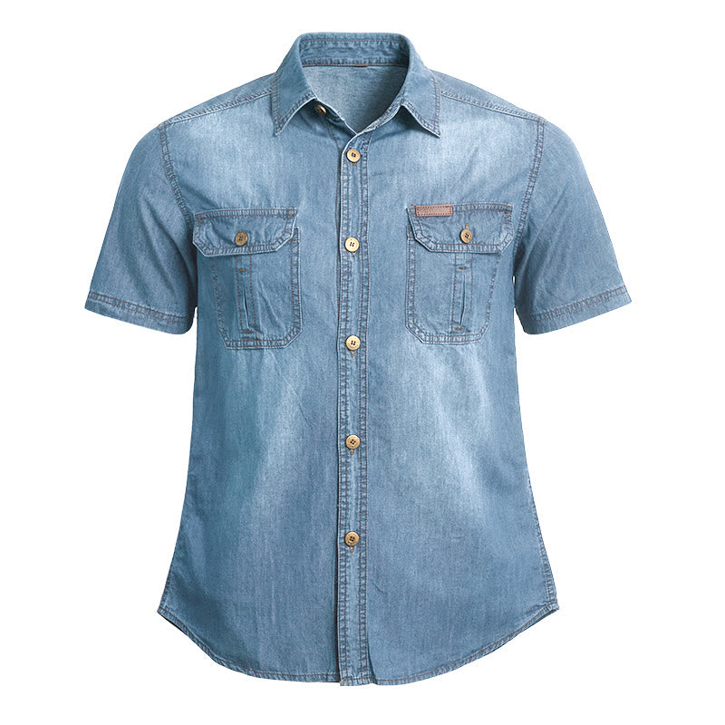 Men's Casual Vintage Washed Short Sleeve Denim Shirt - Light Blue - 5XL - image 2