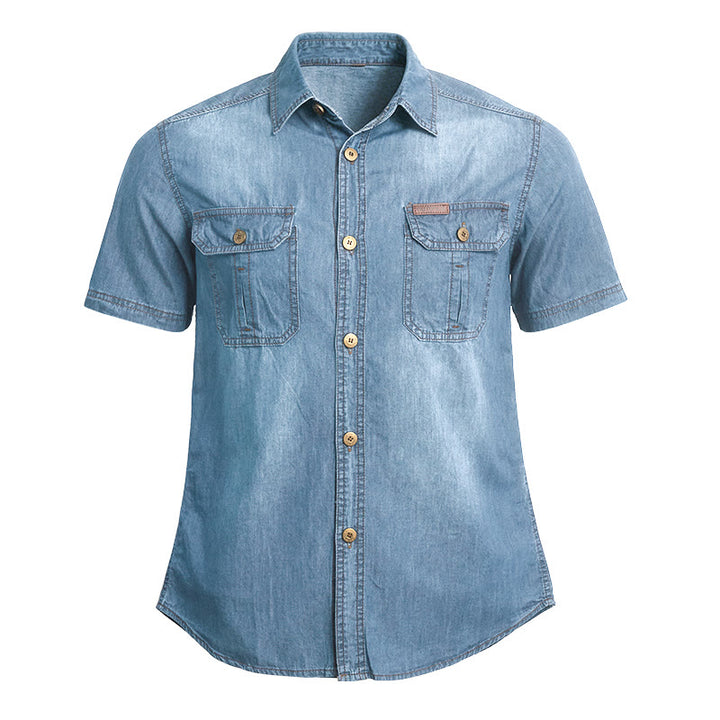 Men's Casual Vintage Washed Short Sleeve Denim Shirt - Light Blue - 5XL - image 2