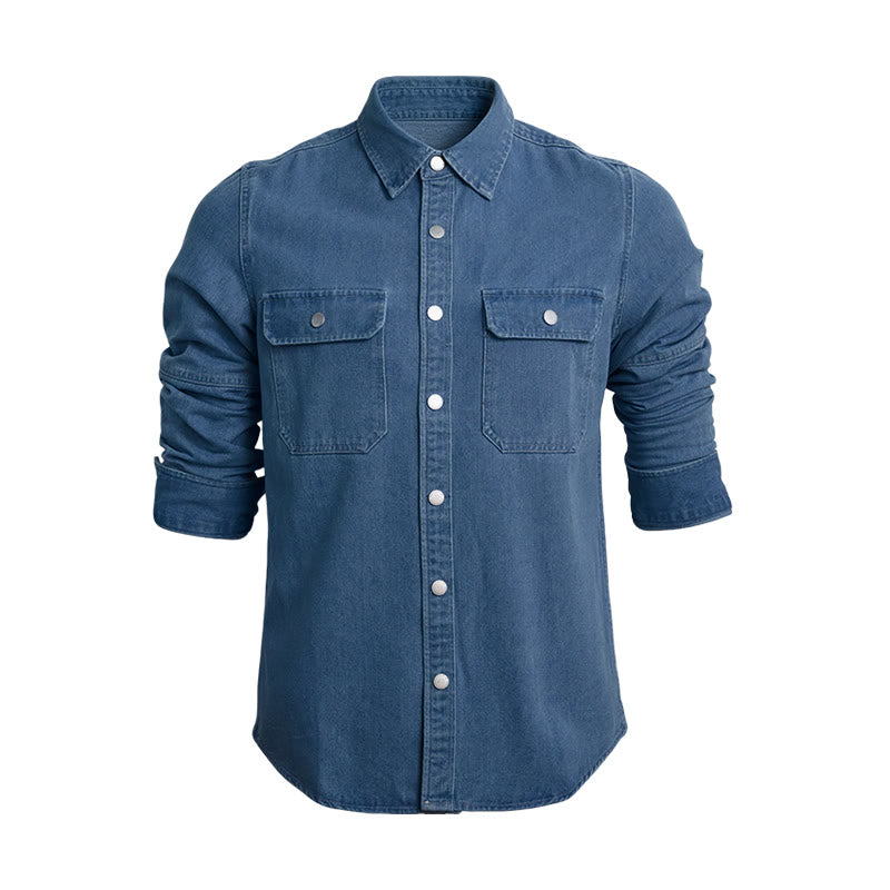 Men's Casual Loose Fit Long Sleeve Denim Button Up Shirt - Dark Blue - 3XL - image 0