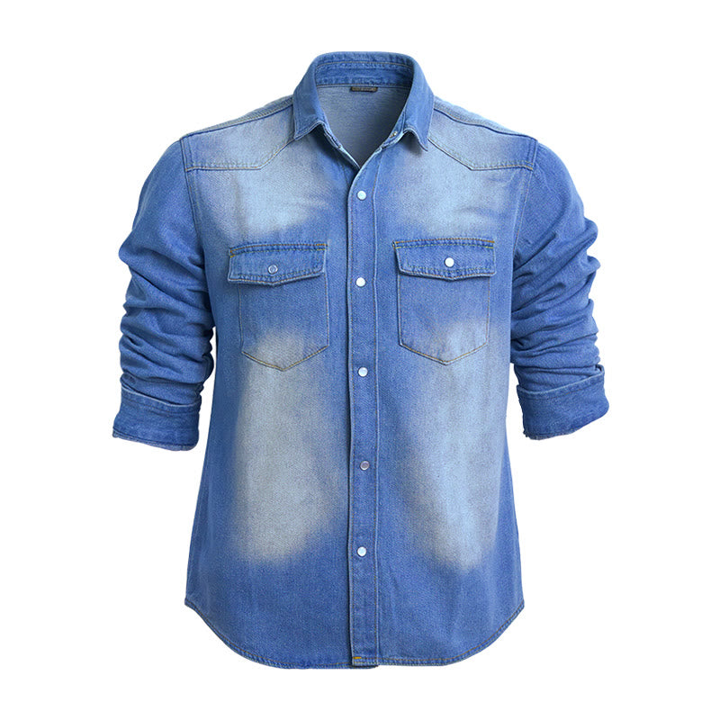 Men's Fashion Distressed Detail Long Sleeve Denim Shirt - Dark Blue - 3XL - image 2