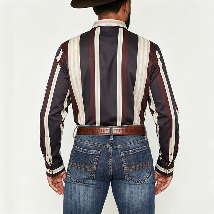 Men's Burgundy & Grey Western Vertical Stripe Long Sleeve Shirt - image 3