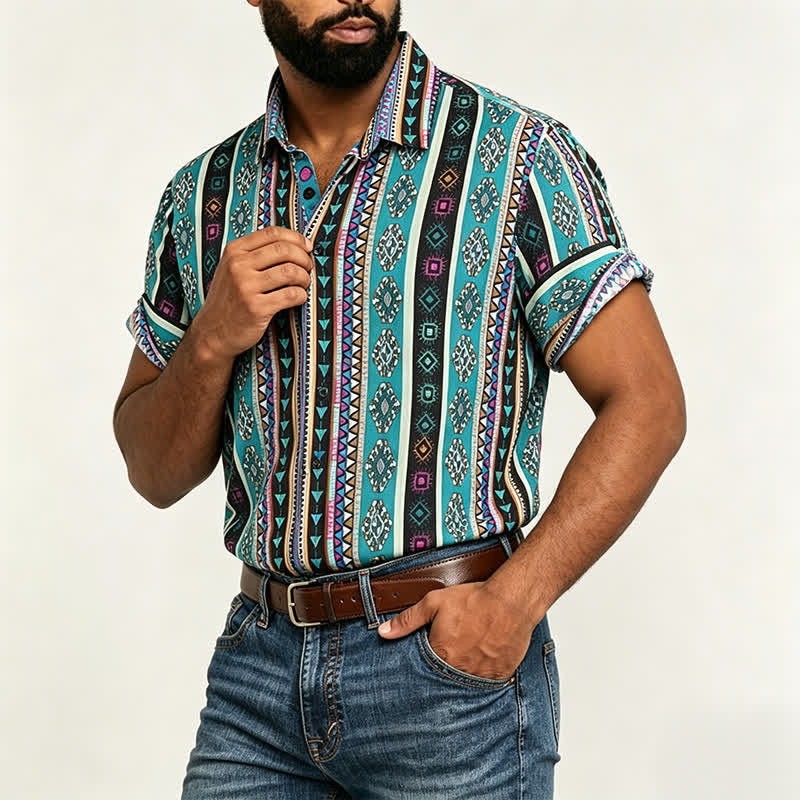 Men's Bohemian Turquoise Aztec Stripe Print Shirt - image 1