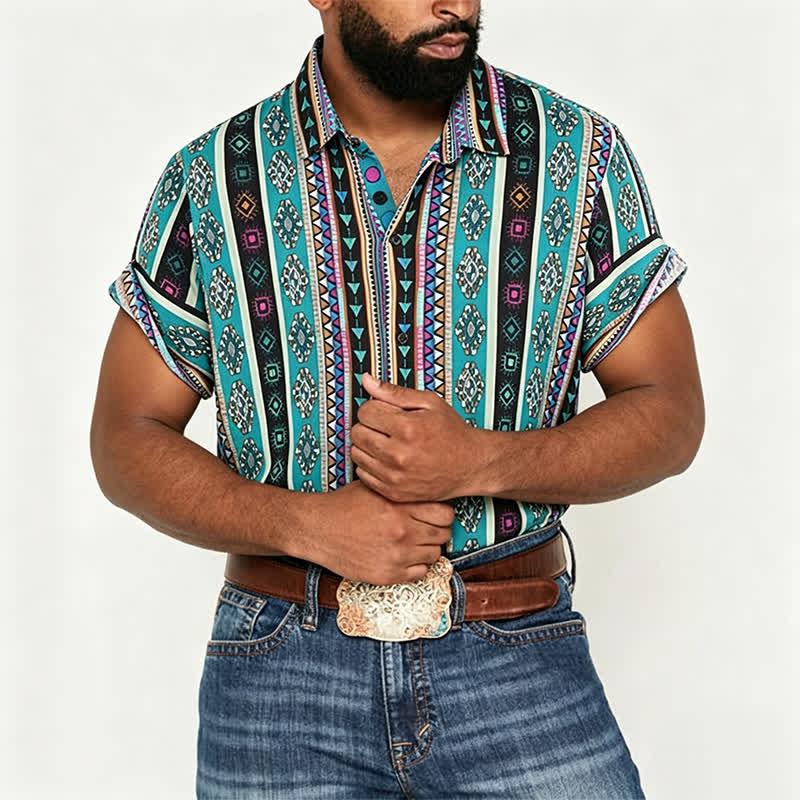 Men's Bohemian Turquoise Aztec Stripe Print Shirt - image 2