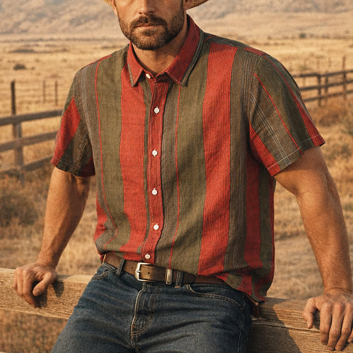 Men's Classic Red & Olive Striped Short Sleeve Shirt - Red & Olive - 3XL - image 0
