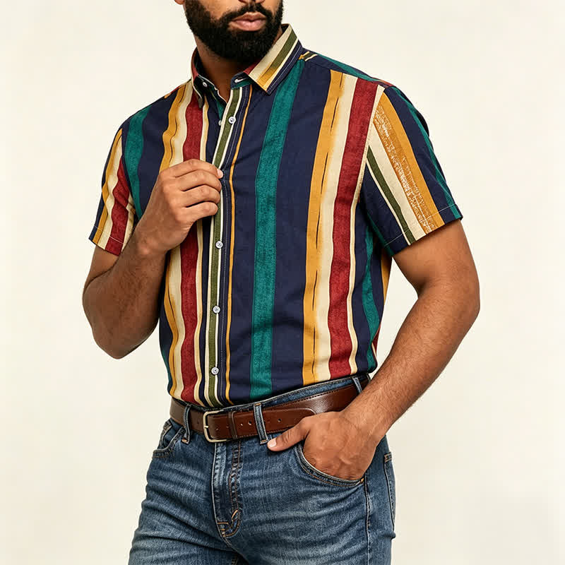 Men's Yellow & Navy Distressed Brushstroke Striped Shirt - image 2