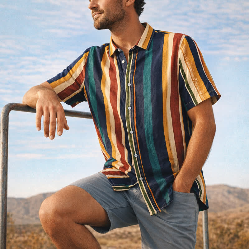 Men's Yellow & Navy Distressed Brushstroke Striped Shirt - Yellow & Navy - 3XL - image 0