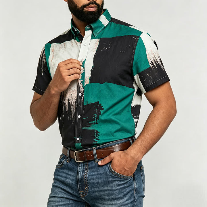 Men's Green & Black Abstract Brushstroke Color Block Shirt - image 2