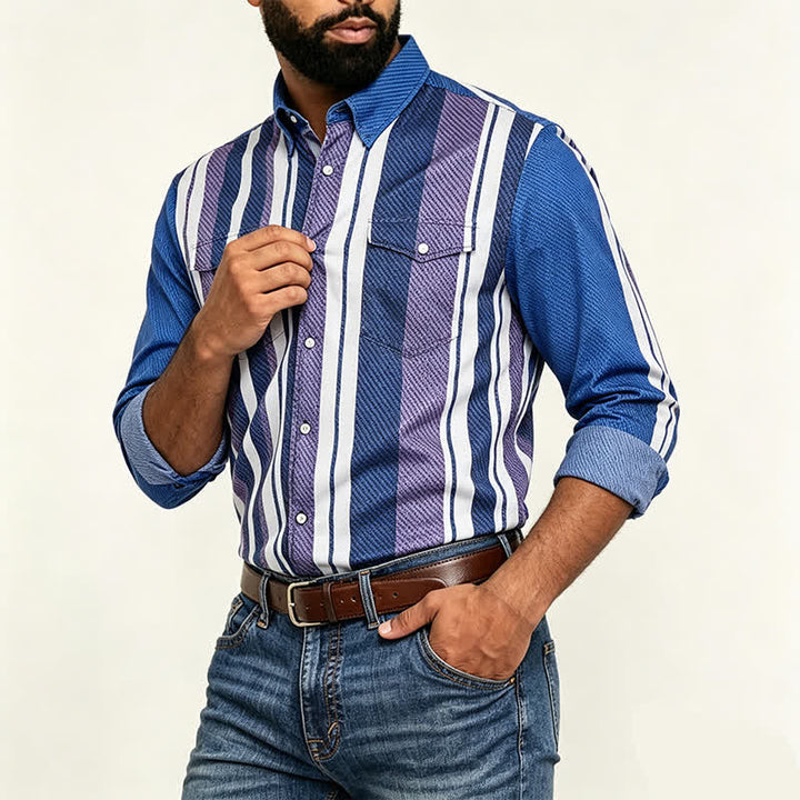 Men's Blue Striped Retro Cowboy Style Long Sleeve Shirt - image 2