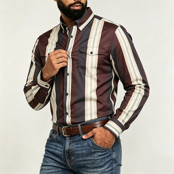 Men's Burgundy & Grey Western Vertical Stripe Long Sleeve Shirt - image 2