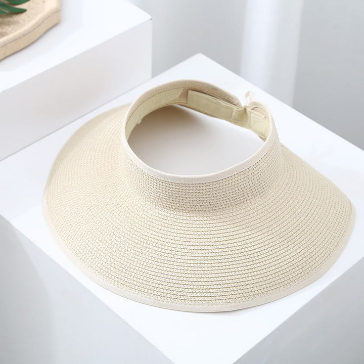 Women's Wide Brim Portable Open Top Straw Beach Sun Hat - Beige - Adjustable (About 21 5/8"-22 7/8") - image 1