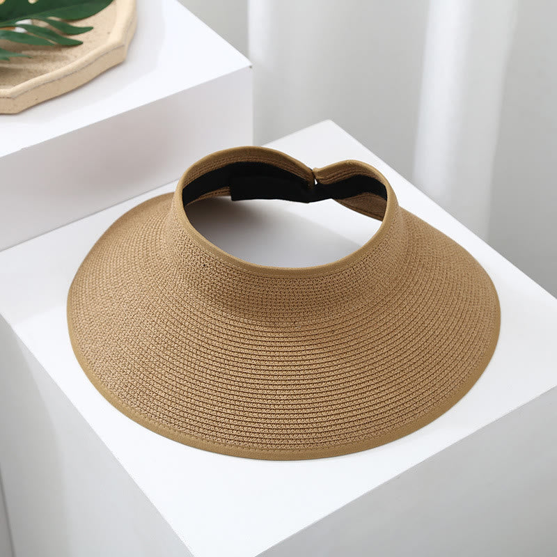 Women's Wide Brim Portable Open Top Straw Beach Sun Hat - Khaki - Adjustable (About 21 5/8"-22 7/8") - image 0