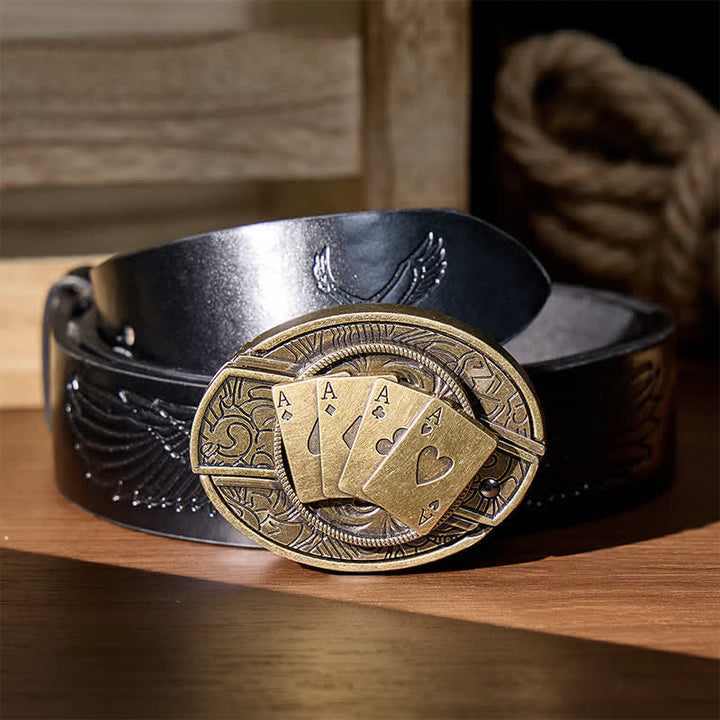 Four Aces Poker DIY Hidden Folding Knife Buckle Leather Belt - Bronze Poker - Black Embossed Eagle Belt - 42 - image 4