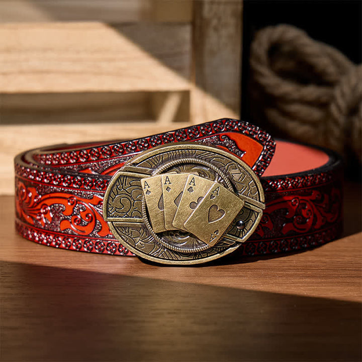 Four Aces Poker DIY Hidden Folding Knife Buckle Leather Belt - Bronze Poker - Brown Carved Belt - 42 - image 8