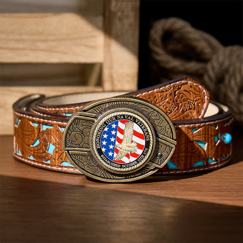 Honoring Naval Veterans DIY Hidden Folding Knife Eagle Buckle Leather Belt - Patriotic Eagle & Flag - Turquoise Carved Belt - 42 - image 5