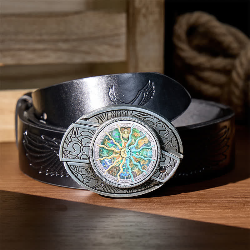 Silver Astrology Zodiac DIY Hidden Folding Knife Buckle Leather Belt - Silver - Black Embossed Eagle Belt - 42 - image 2
