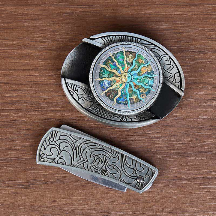 Silver Astrology Zodiac DIY Hidden Folding Knife Buckle Leather Belt - image 9