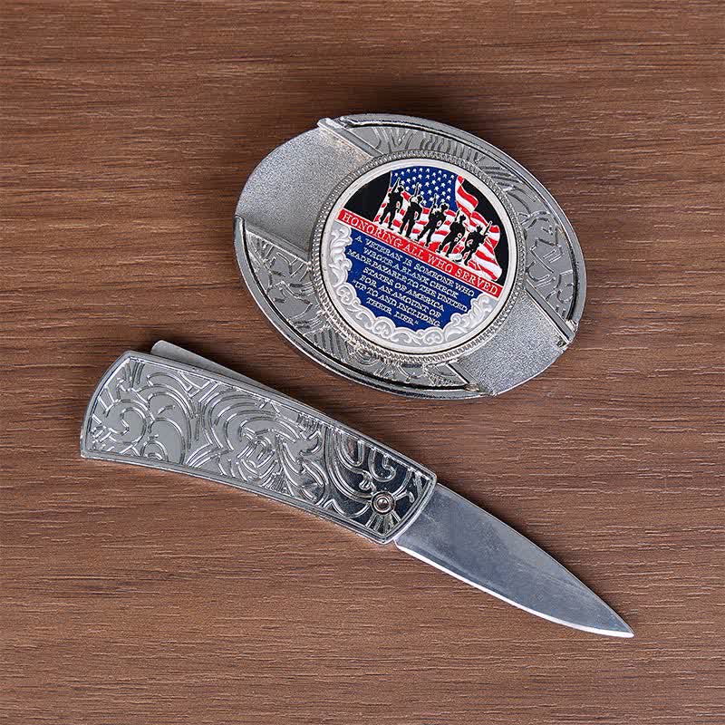 Patriotic Quote DIY Hidden Folding Knife Flag Buckle Leather Belt - image 1