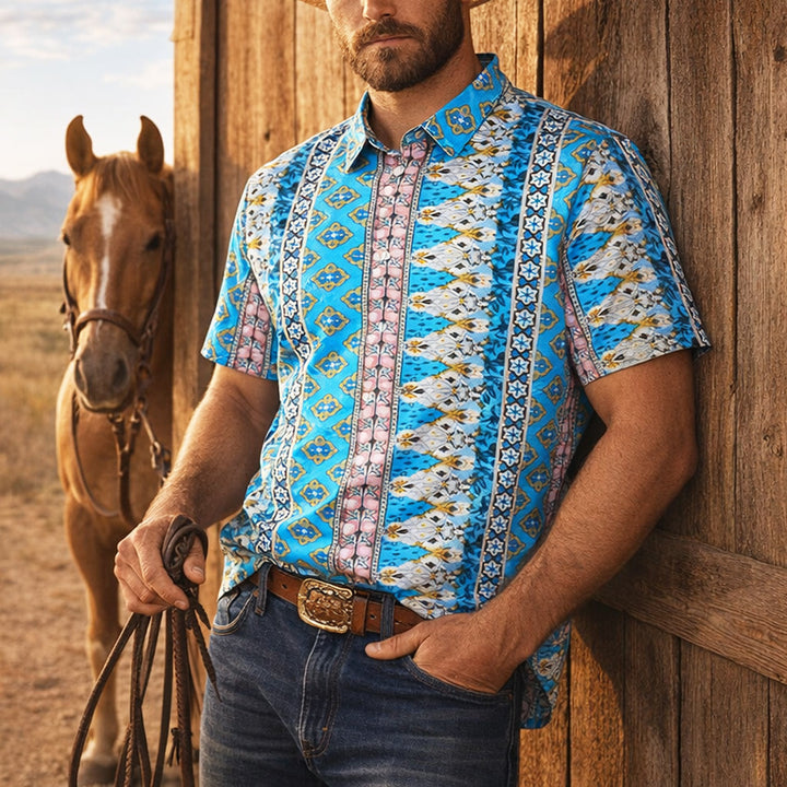 Men's Summer Western Graphic Print Short Sleeve Shirt - Blue - 4XL - image 0
