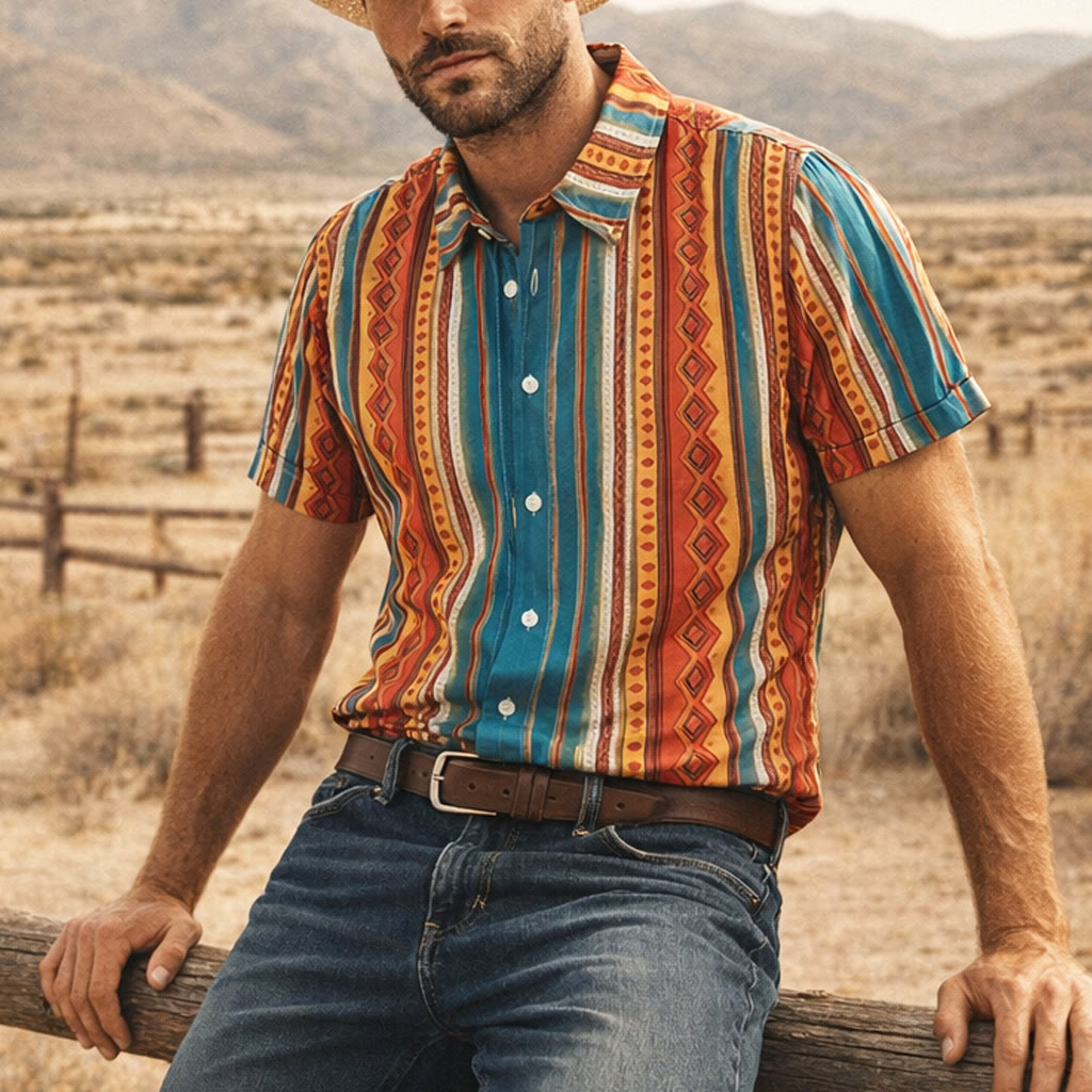 Men's Retro Western Geometric Stripe Short Sleeve Casual Shirt - Orange - 4XL - image 0