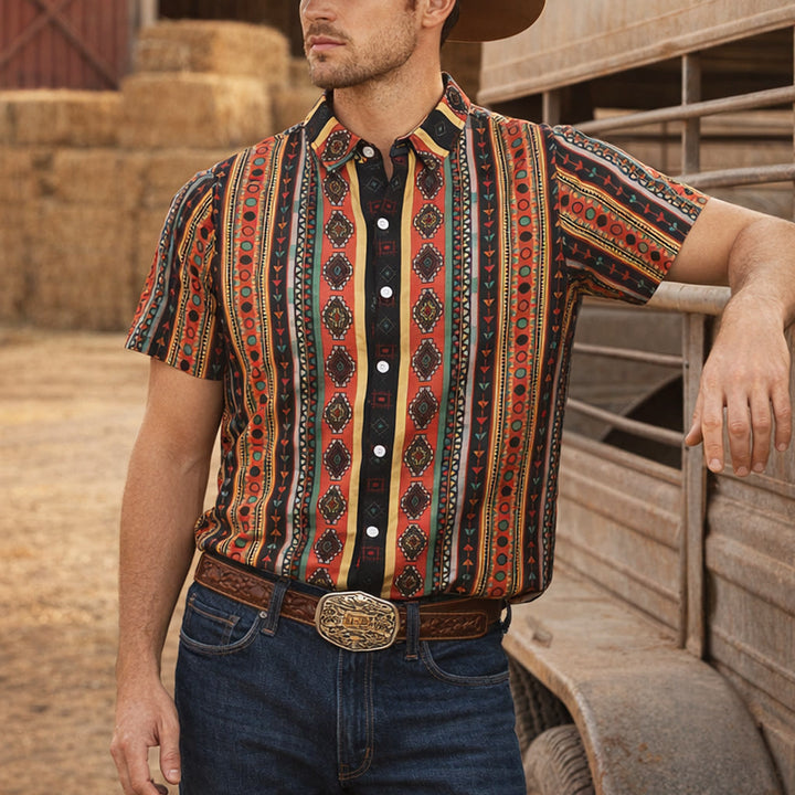 Men's Fashion Western Tribal Stripe Print Short Sleeve Casual Shirt - Red - 5XL - image 0