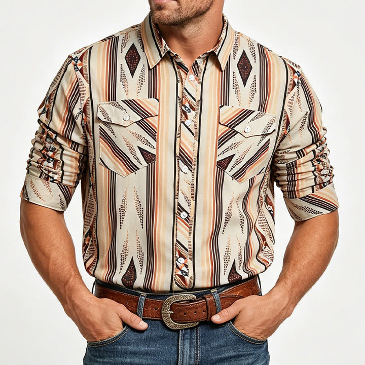 Men's Summer Western Geometric Stripe Long Sleeve Button Down Shirt - image 1