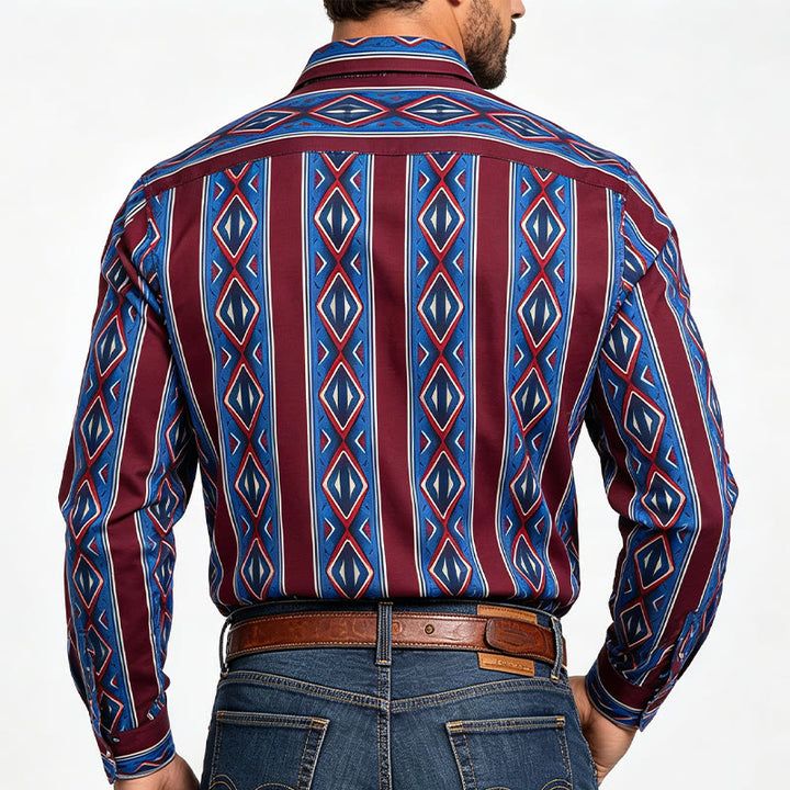 Men's Retro Cowboy Red Blue Stripe Long Sleeve Casual Shirt - image 2