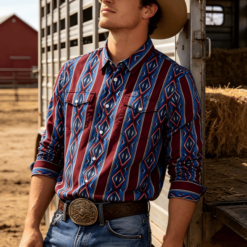 Men's Retro Cowboy Red Blue Stripe Long Sleeve Casual Shirt - image 0