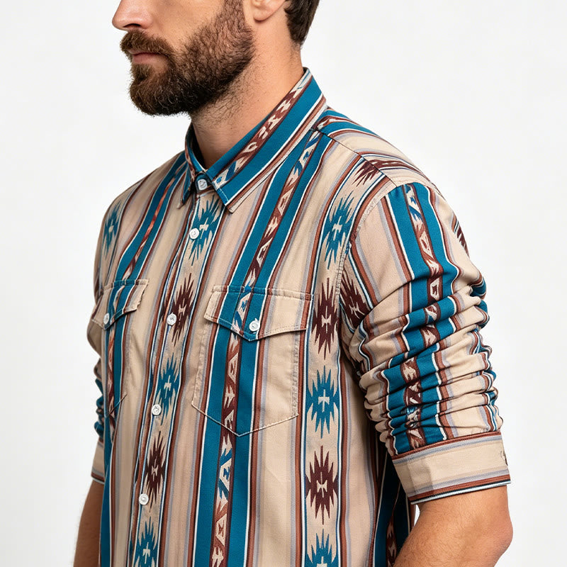 Men's Vintage Western Stripe Print Long Sleeve Casual Shirt - image 3