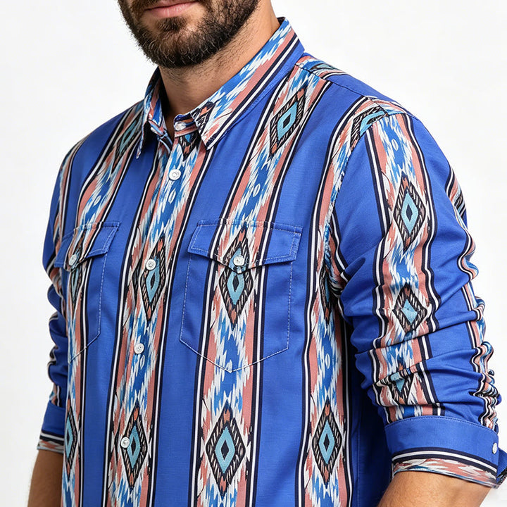 Men's Fashion Western Ethnic Blue Stripe Long Sleeve Button Down Shirt - image 3
